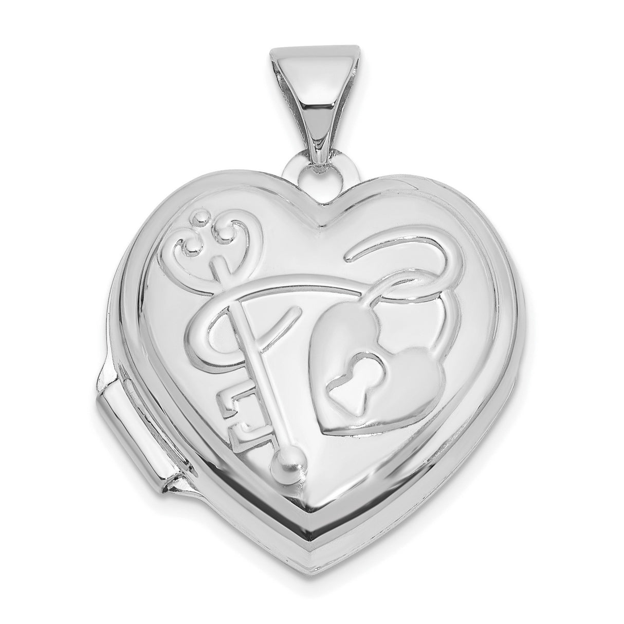 14k White Gold Heart Locket Pendant with Key and Lock Design, Reversible Love Symbol