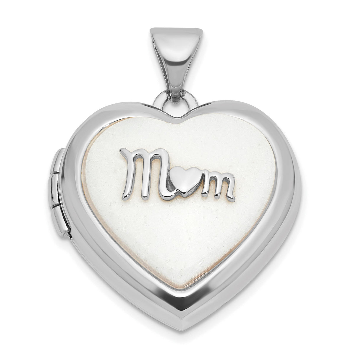 14k White Gold Heart-Shaped Mom Locket Pendant with Agate, Sentimental Keepsake Jewelry