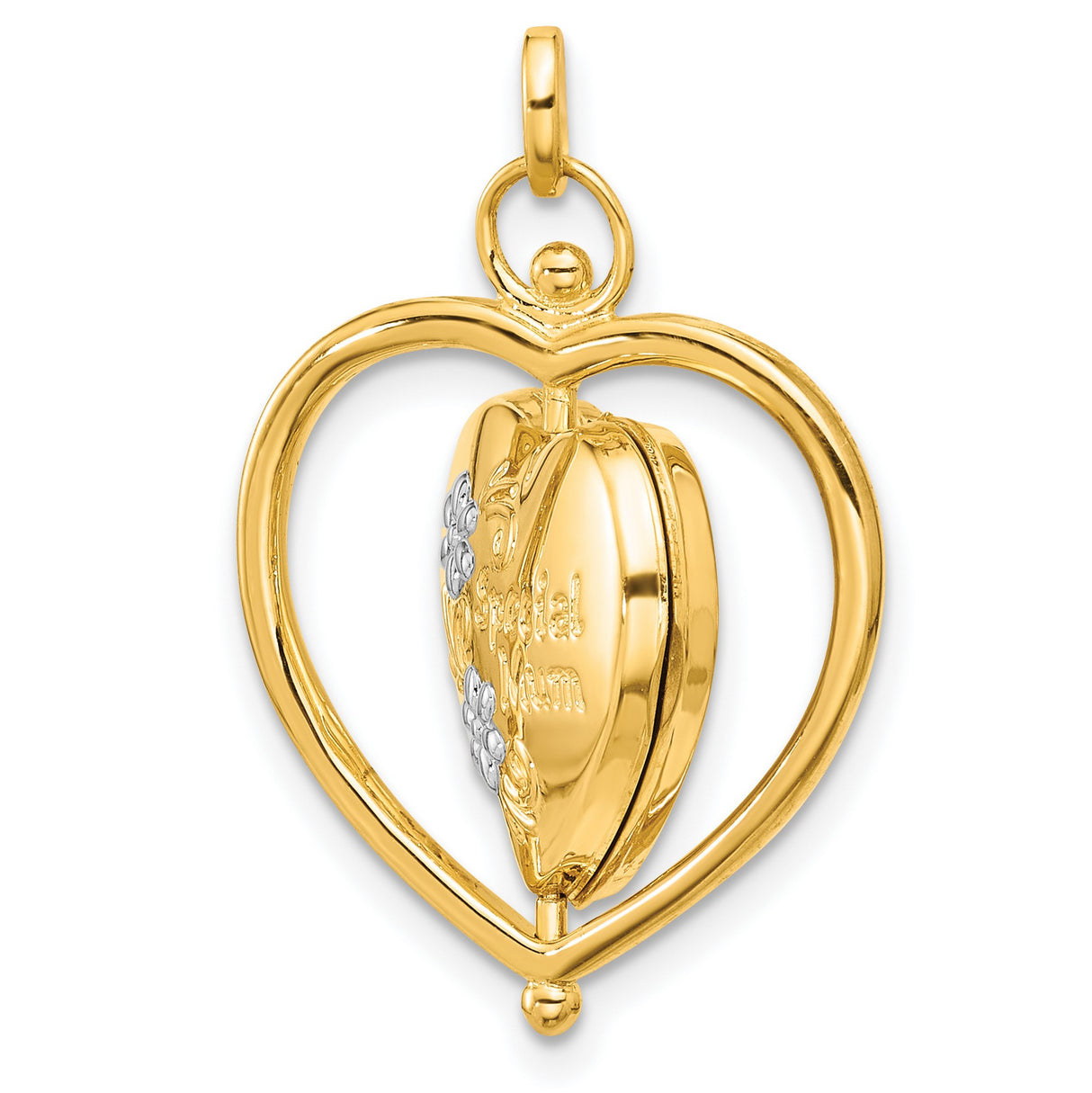 14k Multi-Tone Gold Heart Locket Pendant with Floral Accents and Mum Design