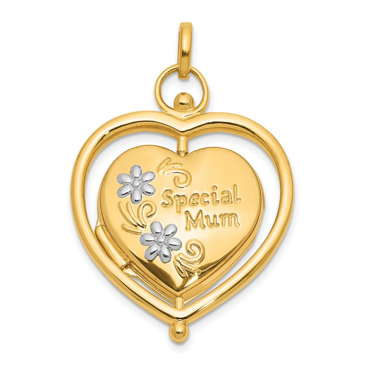 14k Multi-Tone Gold Heart Locket Pendant with Floral Accents and Mum Design