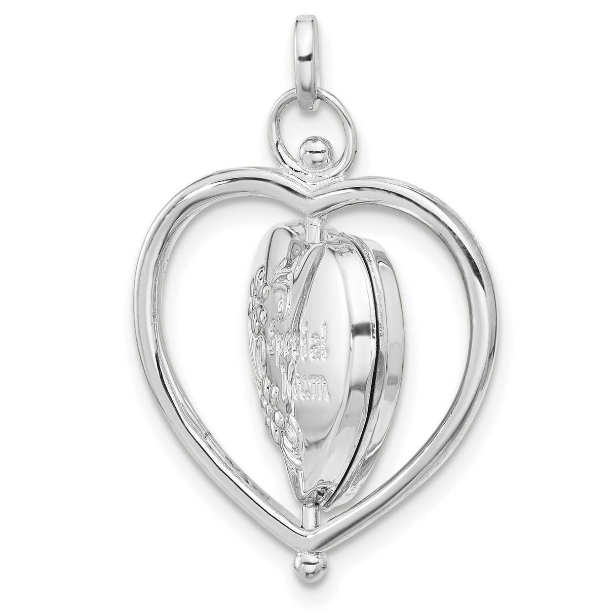 14k White Gold Heart Locket Pendant with Floral Engraving and Mum Inscription