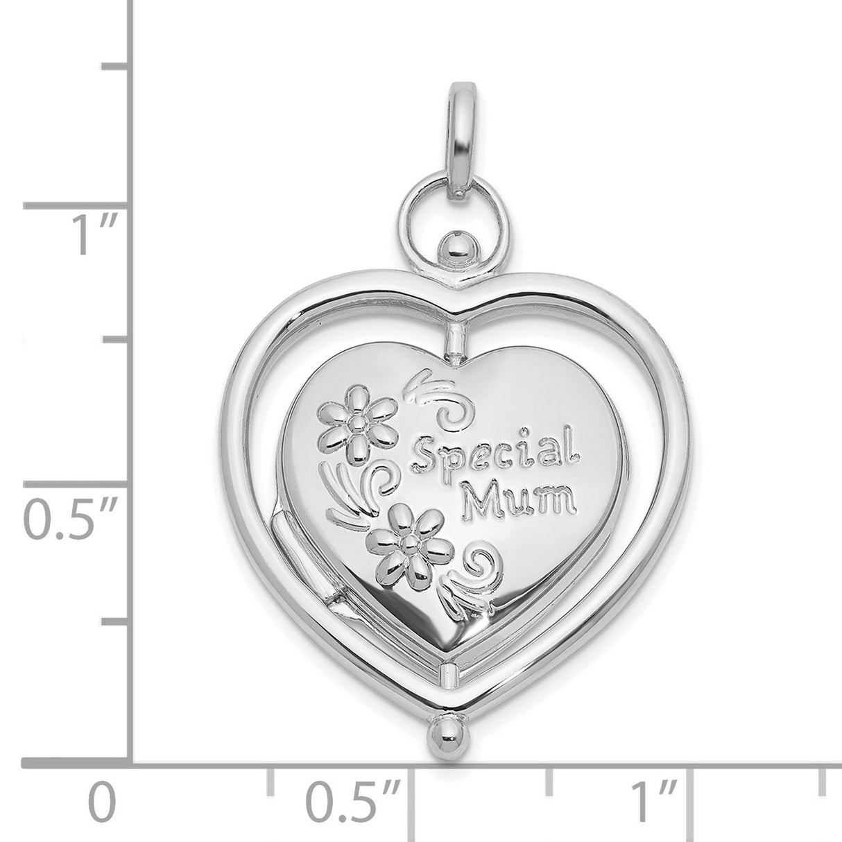 14k White Gold Heart Locket Pendant with Floral Engraving and Mum Inscription