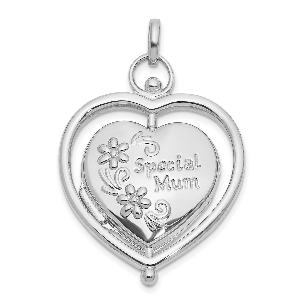 14k White Gold Heart Locket Pendant with Floral Engraving and Mum Inscription