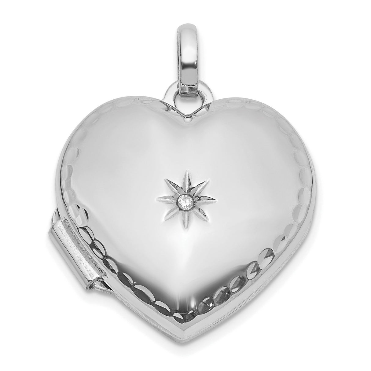 14k White Gold Heart Locket Pendant with Diamond, Starburst Design, Romantic Keepsake Jewelry