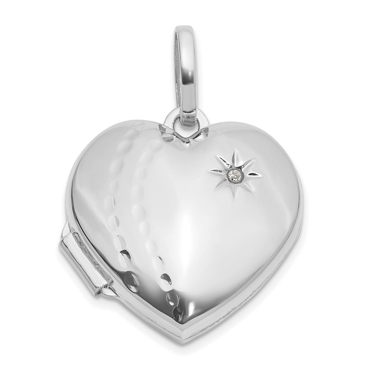 14k White Gold Heart Locket Pendant with Diamond Starburst Design and Photo Holder