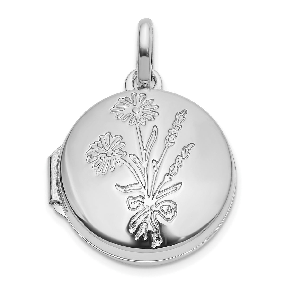 14k White Gold Locket Pendant, Round Floral Design with Flower Bouquet and Bow for Women