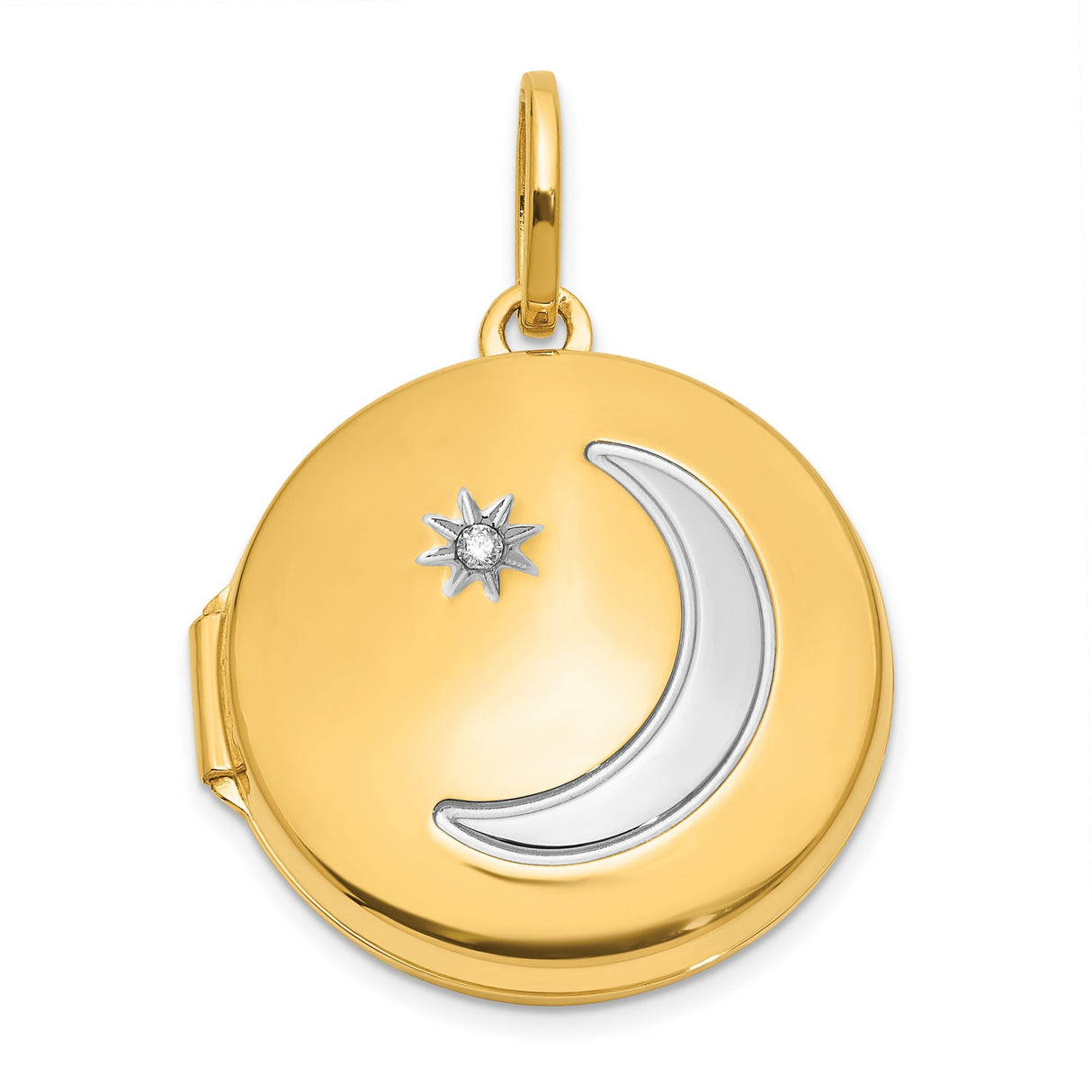 14k Multi-Tone Gold Locket with Diamond, Crescent Moon and Star Celestial Pendant for Women