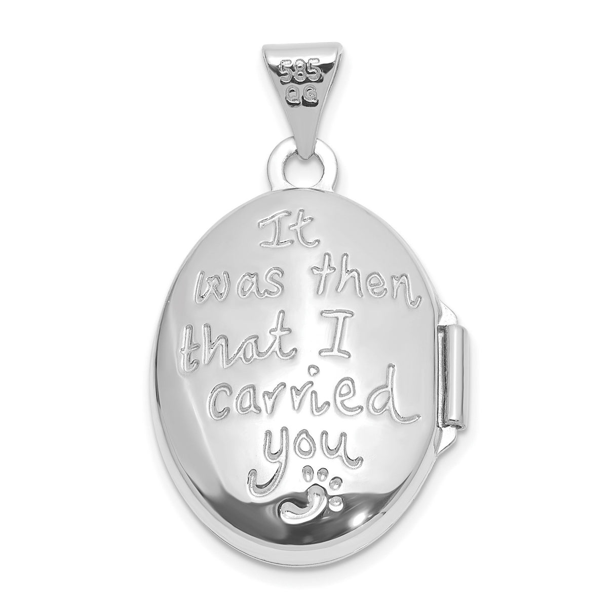 14k White Gold Oval Locket Pendant with Footprints in the Sand and Rising Sun Symbol