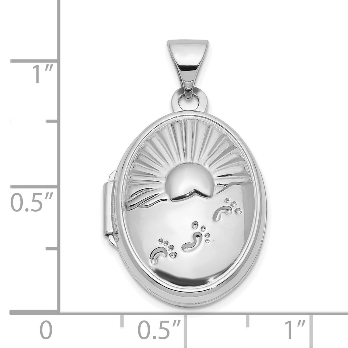14k White Gold Oval Locket Pendant with Footprints in the Sand and Rising Sun Symbol