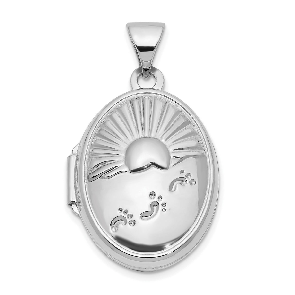 14k White Gold Oval Locket Pendant with Footprints in the Sand and Rising Sun Symbol