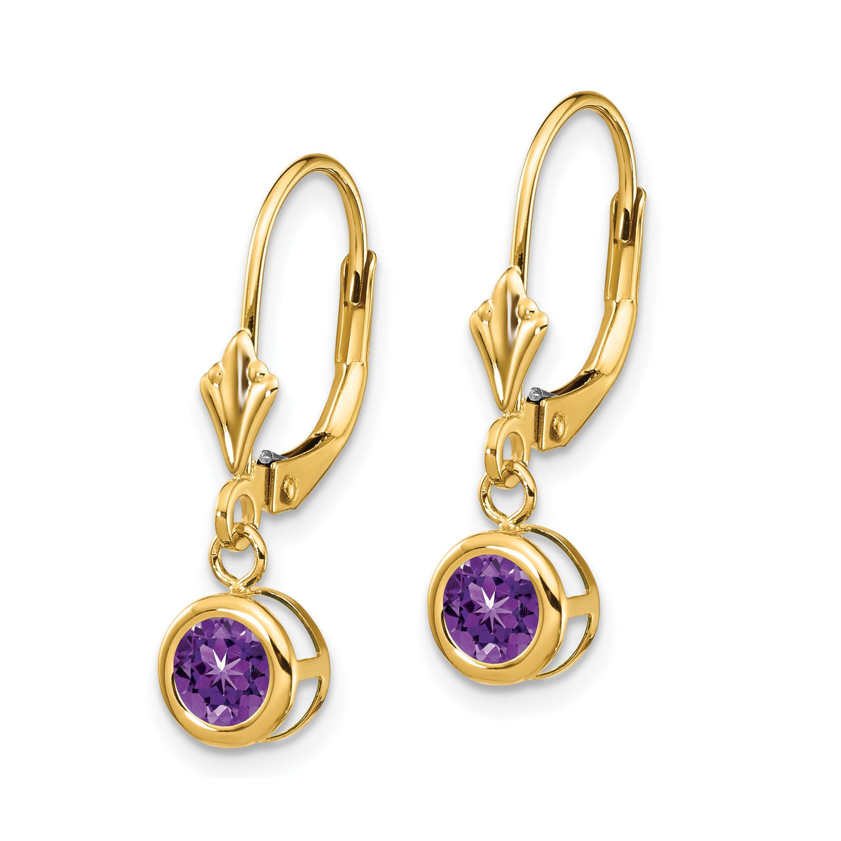 14k Yellow Gold Dangle Leverback Earrings with Amethyst in Bezel Setting, Drop Design for Women
