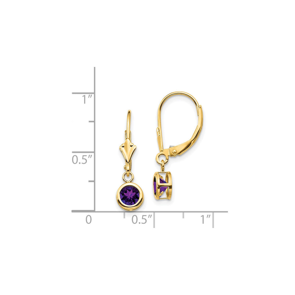 14k Yellow Gold Dangle Leverback Earrings with Amethyst in Bezel Setting, Drop Design for Women