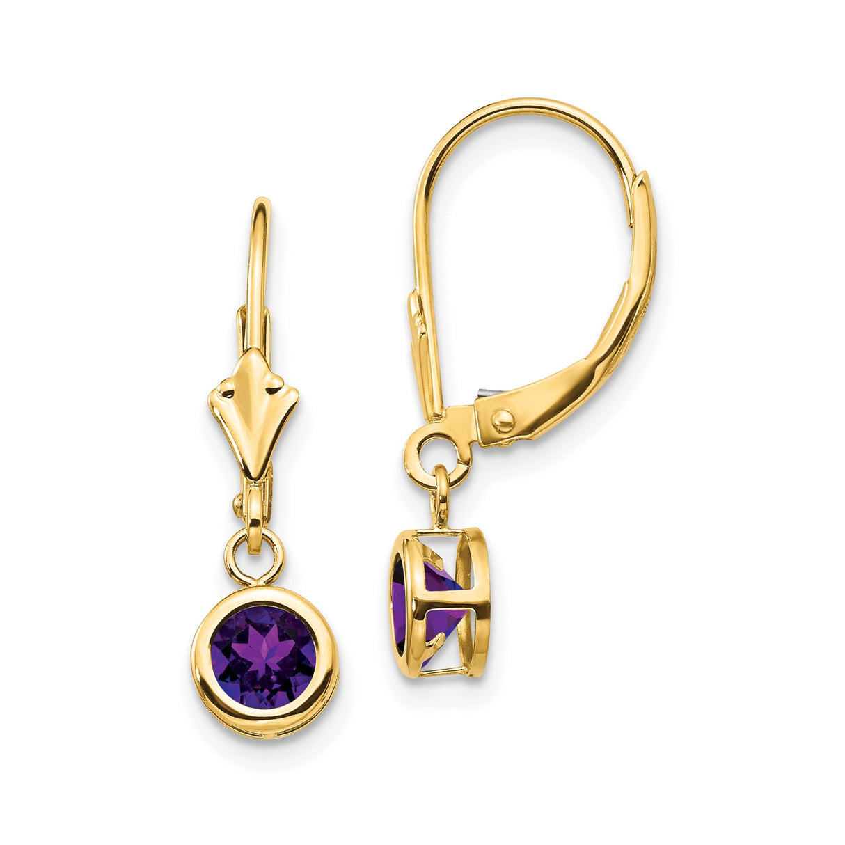 14k Yellow Gold Dangle Leverback Earrings with Amethyst in Bezel Setting, Drop Design for Women