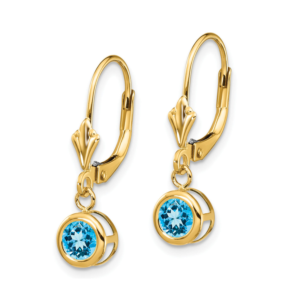 14k Yellow Gold Dangle Earrings with Swiss Blue Topaz, Bezel Set Leverback Design