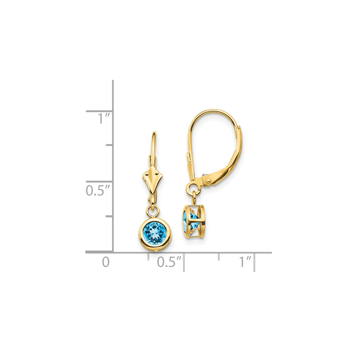 14k Yellow Gold Dangle Earrings with Swiss Blue Topaz, Bezel Set Leverback Design