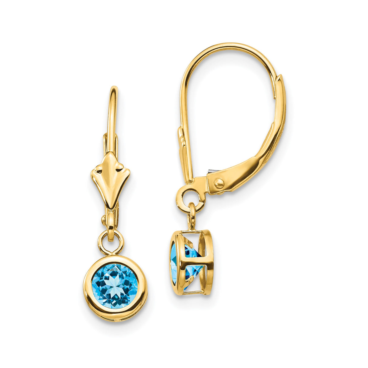 14k Yellow Gold Dangle Earrings with Swiss Blue Topaz, Bezel Set Leverback Design