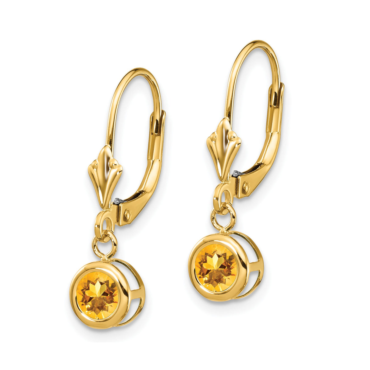 14k Yellow Gold Dangle Leverback Earrings with Round Citrine in Bezel Setting