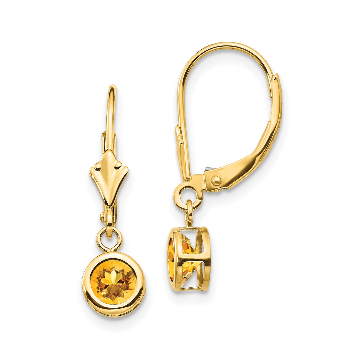 14k Yellow Gold Dangle Leverback Earrings with Round Citrine in Bezel Setting