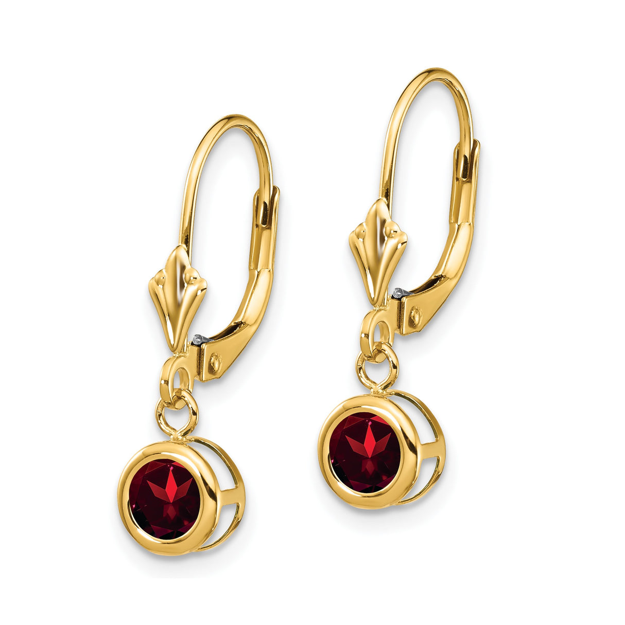 14k Yellow Gold Leverback Earrings with Round Garnet in Bezel Setting, Classic Dangle Design