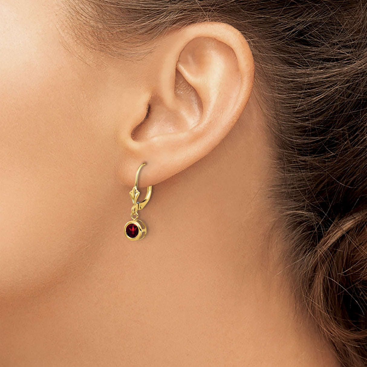 14k Yellow Gold Leverback Earrings with Round Garnet in Bezel Setting, Classic Dangle Design