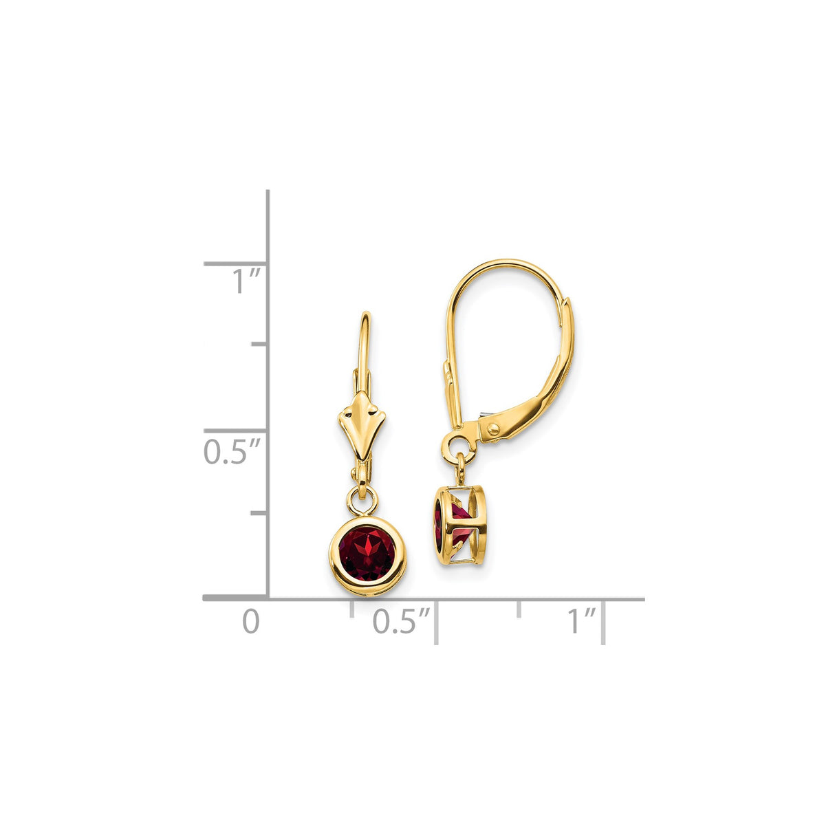 14k Yellow Gold Leverback Earrings with Round Garnet in Bezel Setting, Classic Dangle Design