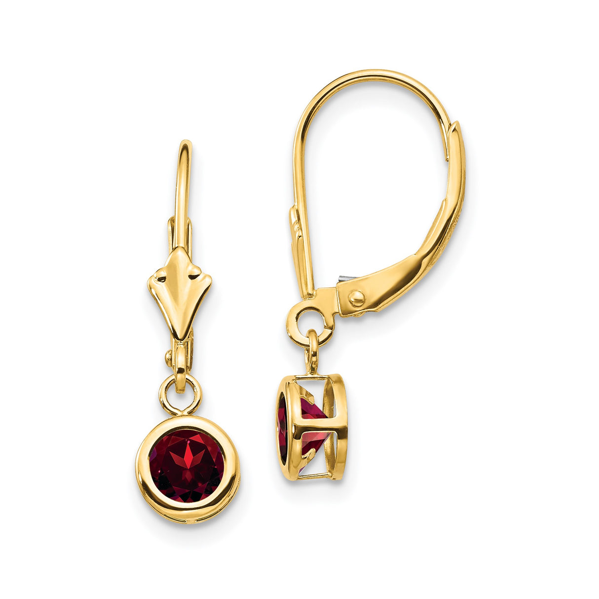 14k Yellow Gold Leverback Earrings with Round Garnet in Bezel Setting, Classic Dangle Design
