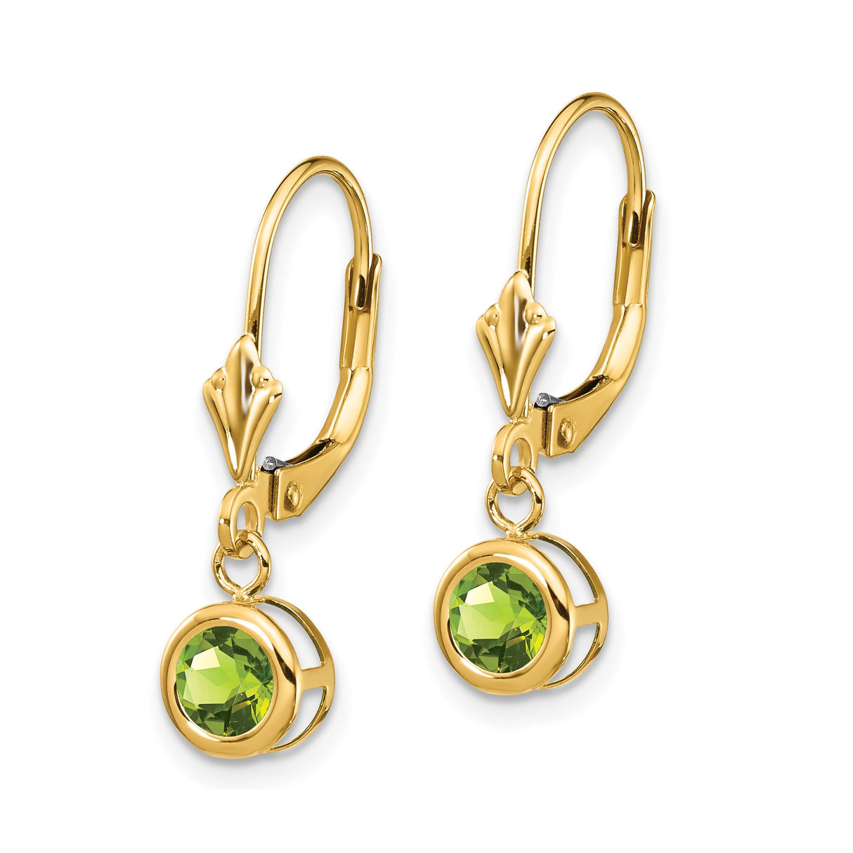 14k Yellow Gold Leverback Drop Earrings with Peridot in Bezel Setting, Dangle Design for Women