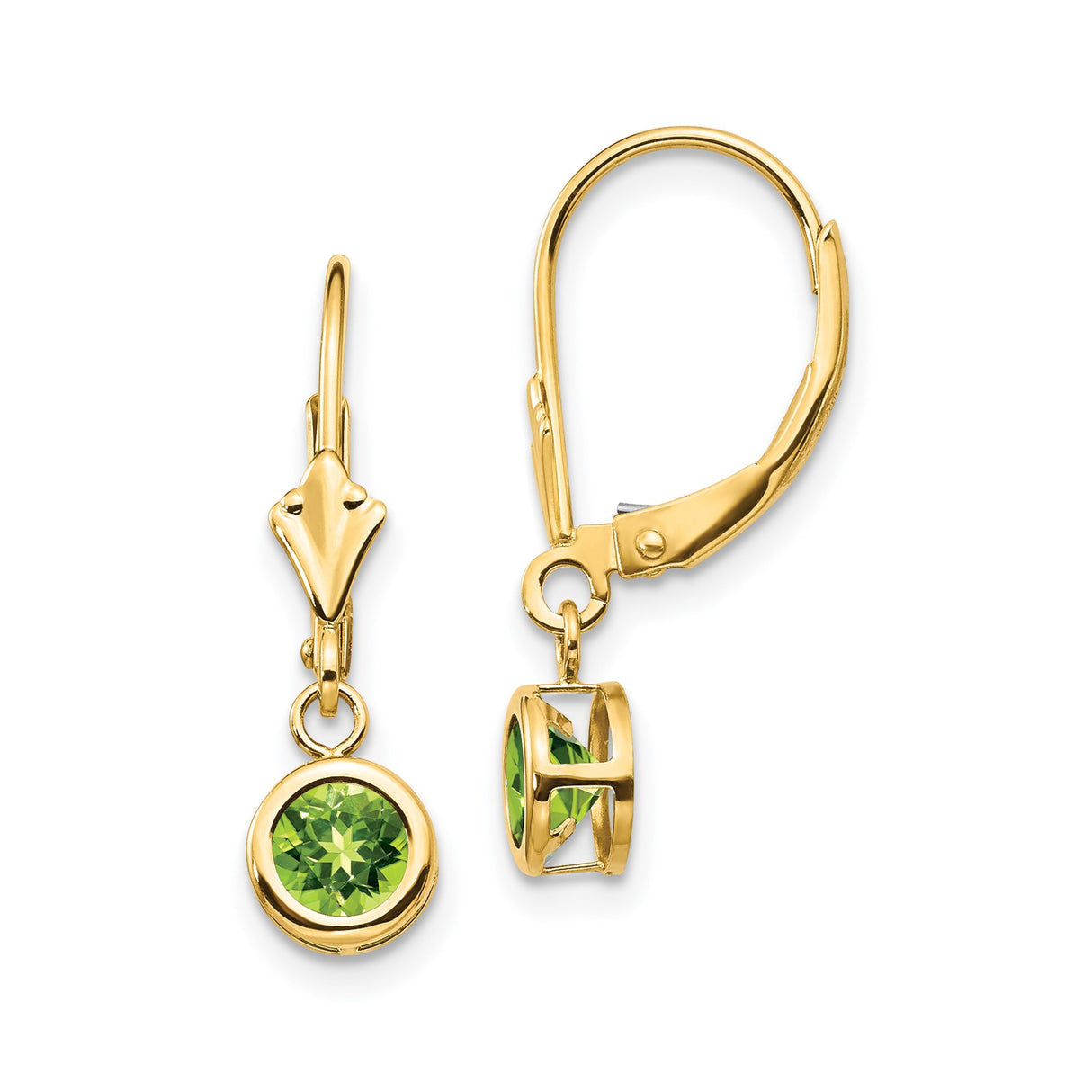 14k Yellow Gold Leverback Drop Earrings with Peridot in Bezel Setting, Dangle Design for Women