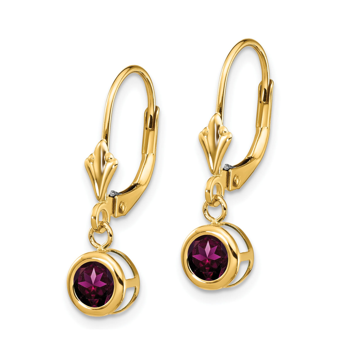 14k Yellow Gold Leverback Earrings with Rhodolite Garnet in Bezel Setting, Sleek Open Design