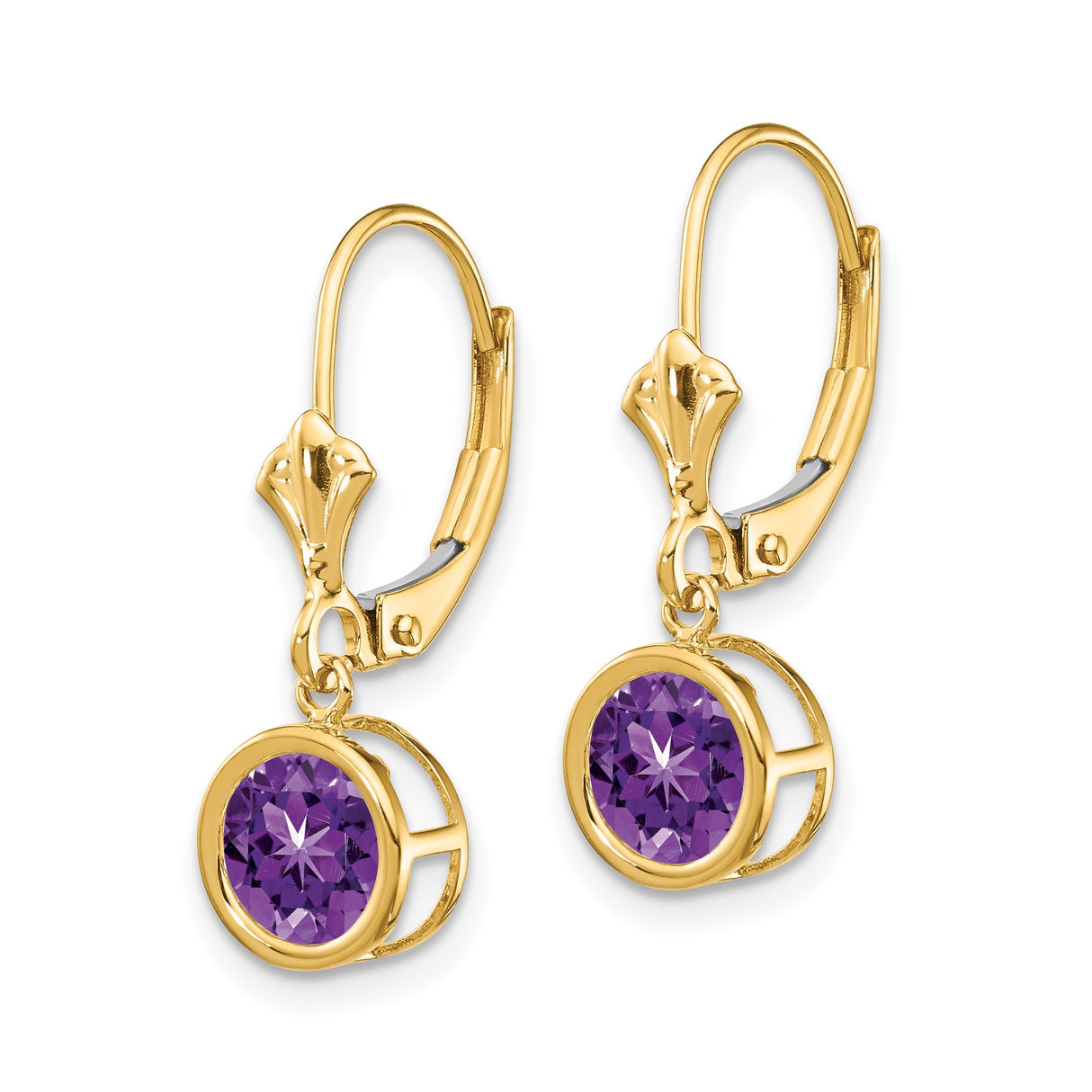 14k Yellow Gold Leverback Earrings with Amethyst in Bezel Setting, Dangle Drop Design for Women