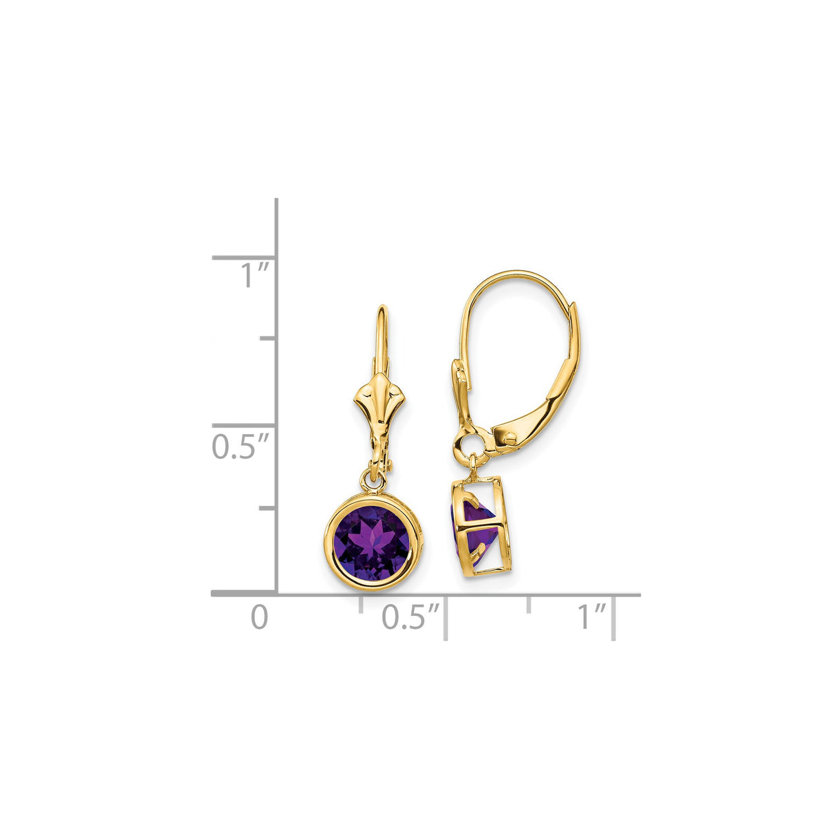 14k Yellow Gold Leverback Earrings with Amethyst in Bezel Setting, Dangle Drop Design for Women