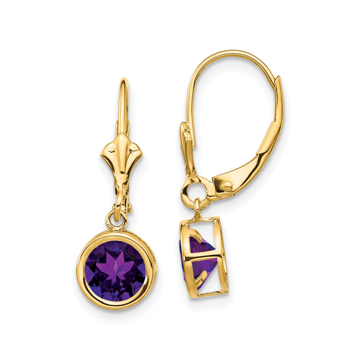 14k Yellow Gold Leverback Earrings with Amethyst in Bezel Setting, Dangle Drop Design for Women