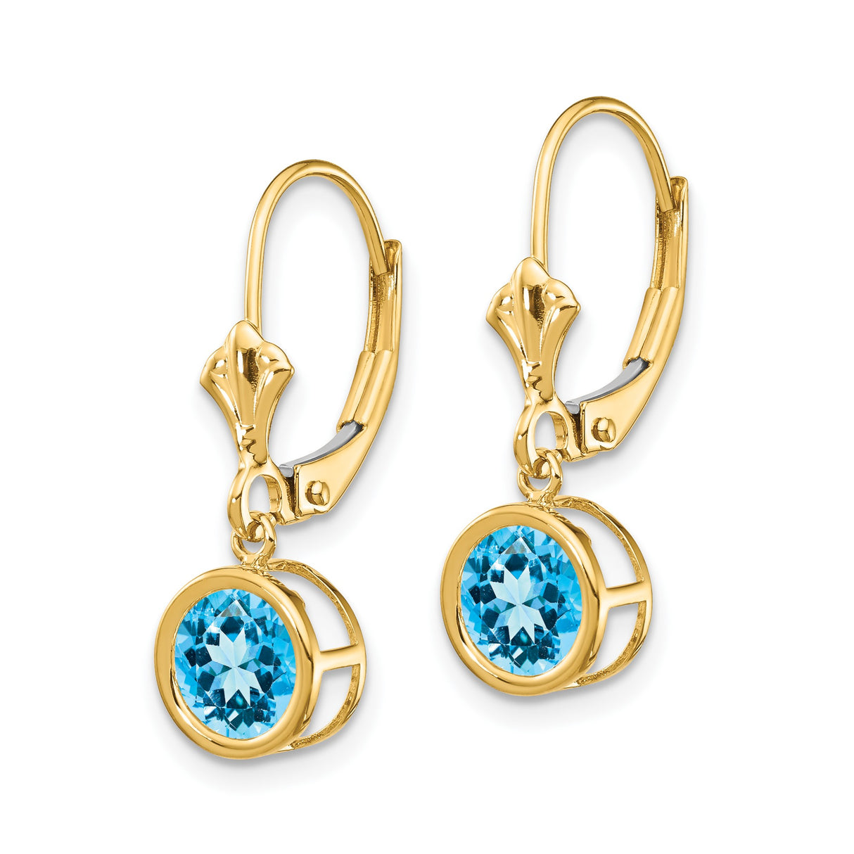 14k Yellow Gold Drop Leverback Earrings with Swiss Blue Topaz in Bezel Setting