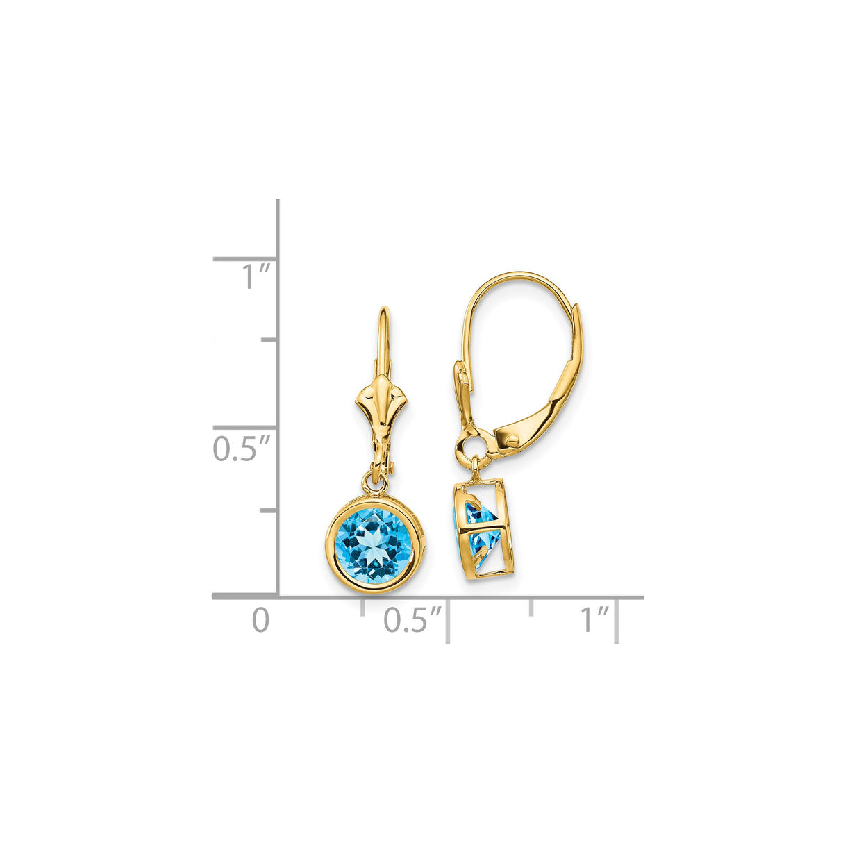 14k Yellow Gold Drop Leverback Earrings with Swiss Blue Topaz in Bezel Setting