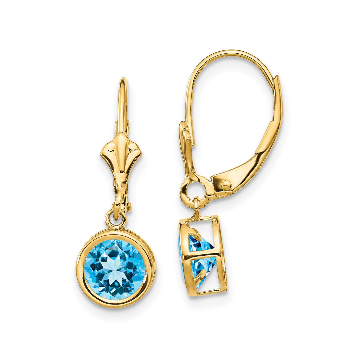 14k Yellow Gold Drop Leverback Earrings with Swiss Blue Topaz in Bezel Setting