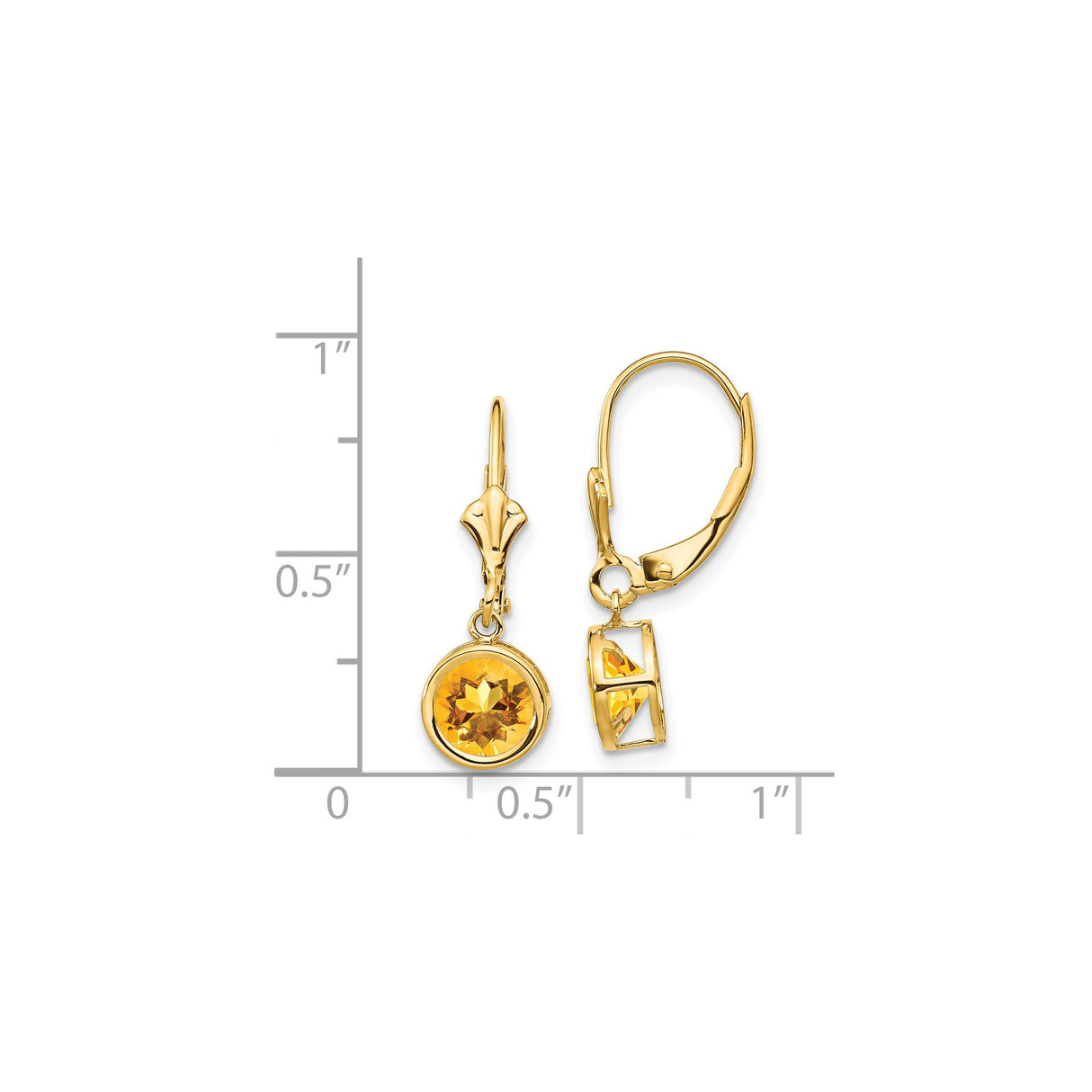 14k Yellow Gold Dangle Earrings with Round Citrine in Bezel Setting, Lightweight Leverback Design