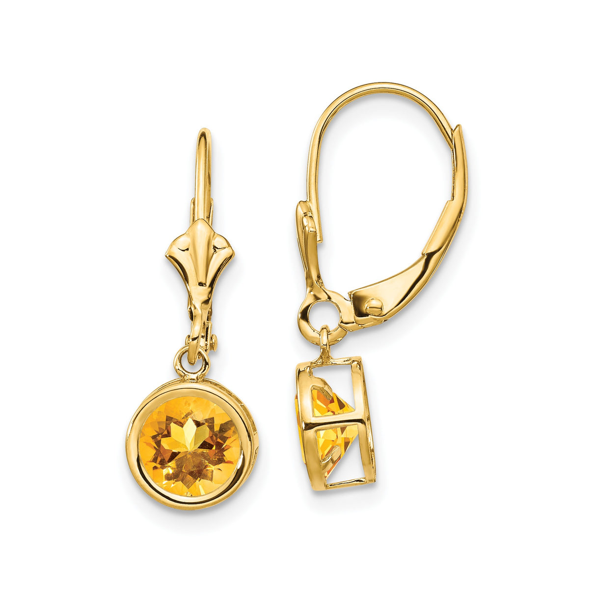 14k Yellow Gold Dangle Earrings with Round Citrine in Bezel Setting, Lightweight Leverback Design