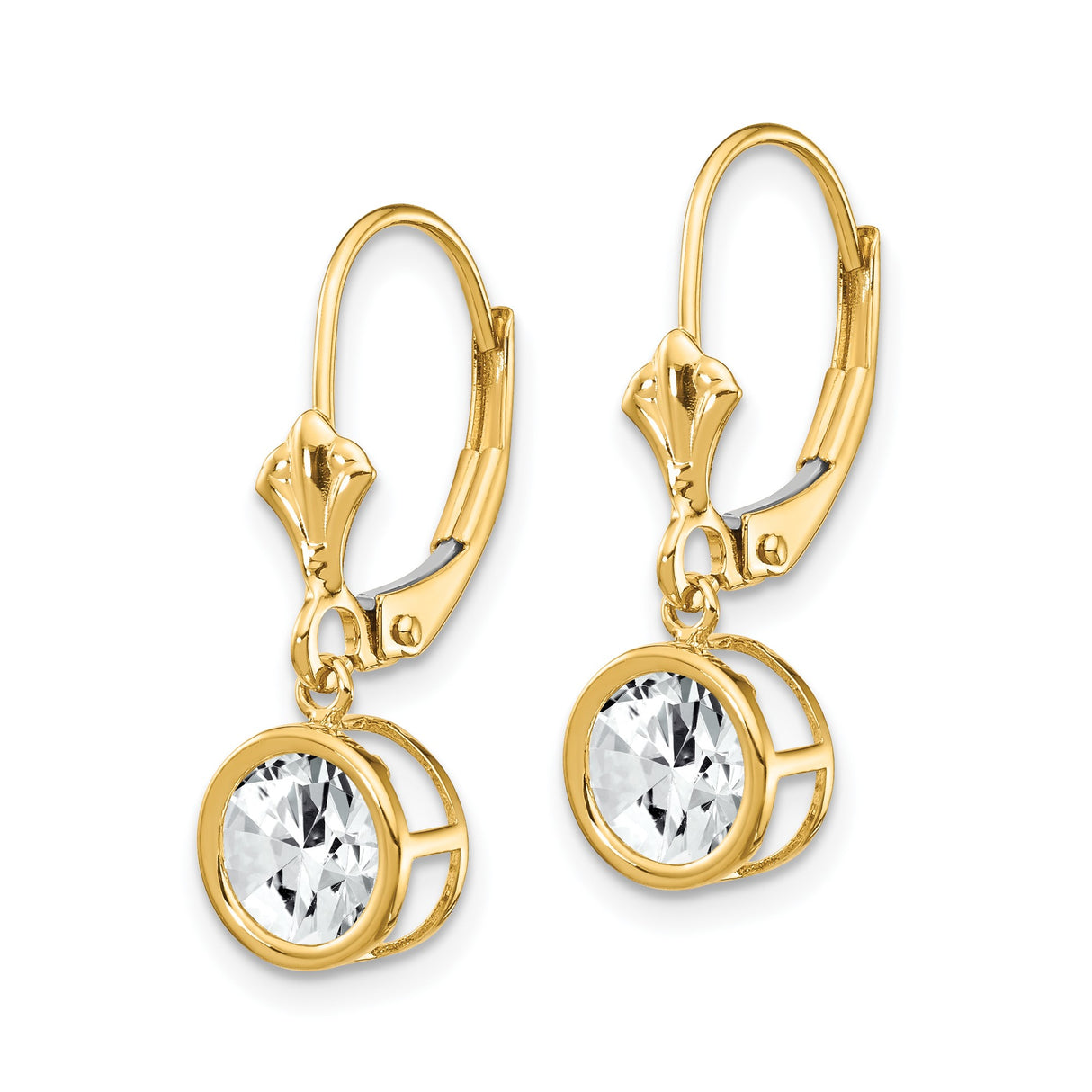 14k Yellow Gold Leverback Drop Earrings with Round Cubic Zirconia in Bezel Setting