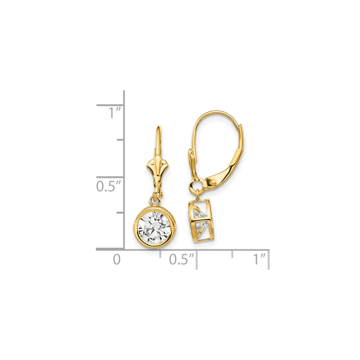14k Yellow Gold Leverback Drop Earrings with Round Cubic Zirconia in Bezel Setting