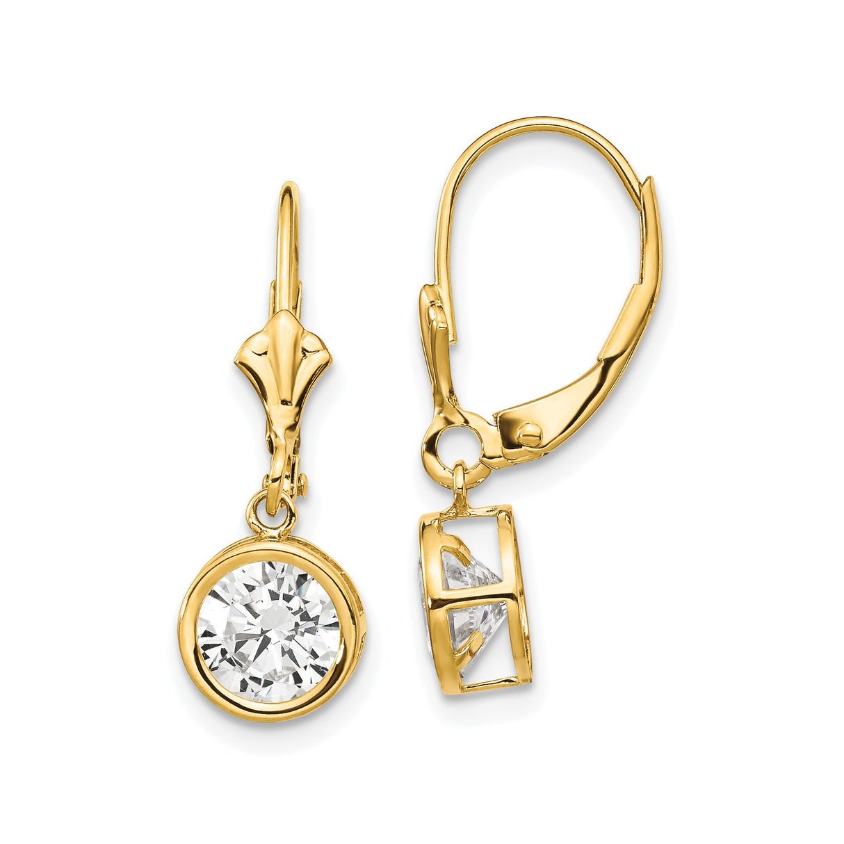 14k Yellow Gold Leverback Drop Earrings with Round Cubic Zirconia in Bezel Setting