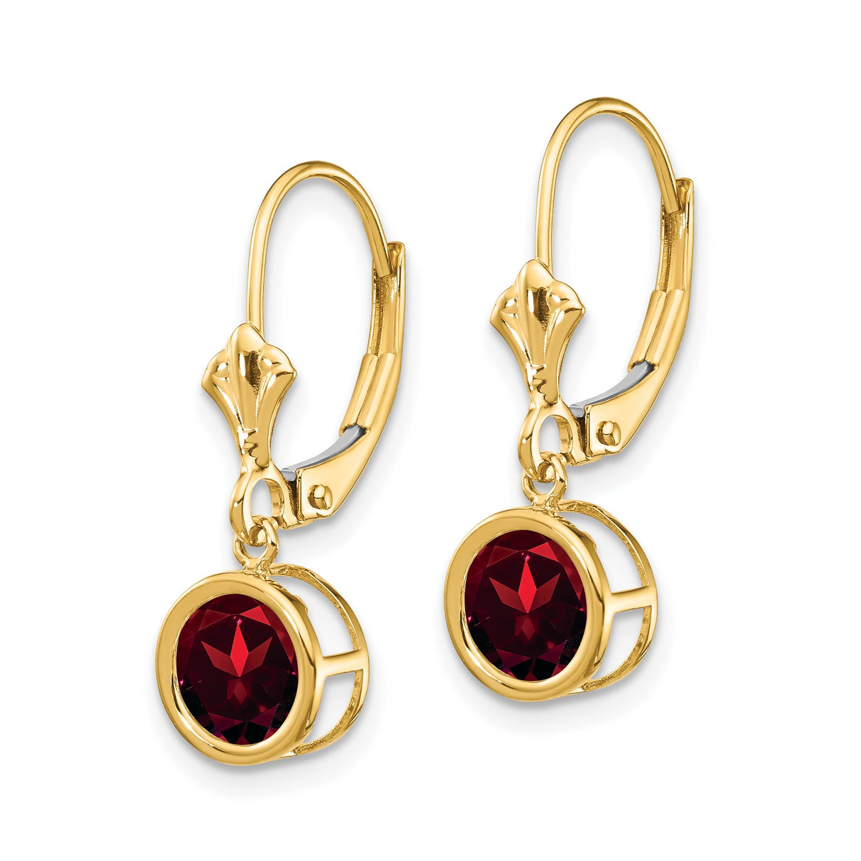14k Yellow Gold Leverback Earrings with Garnet in Bezel Setting, Classic Dangle Jewelry for Women