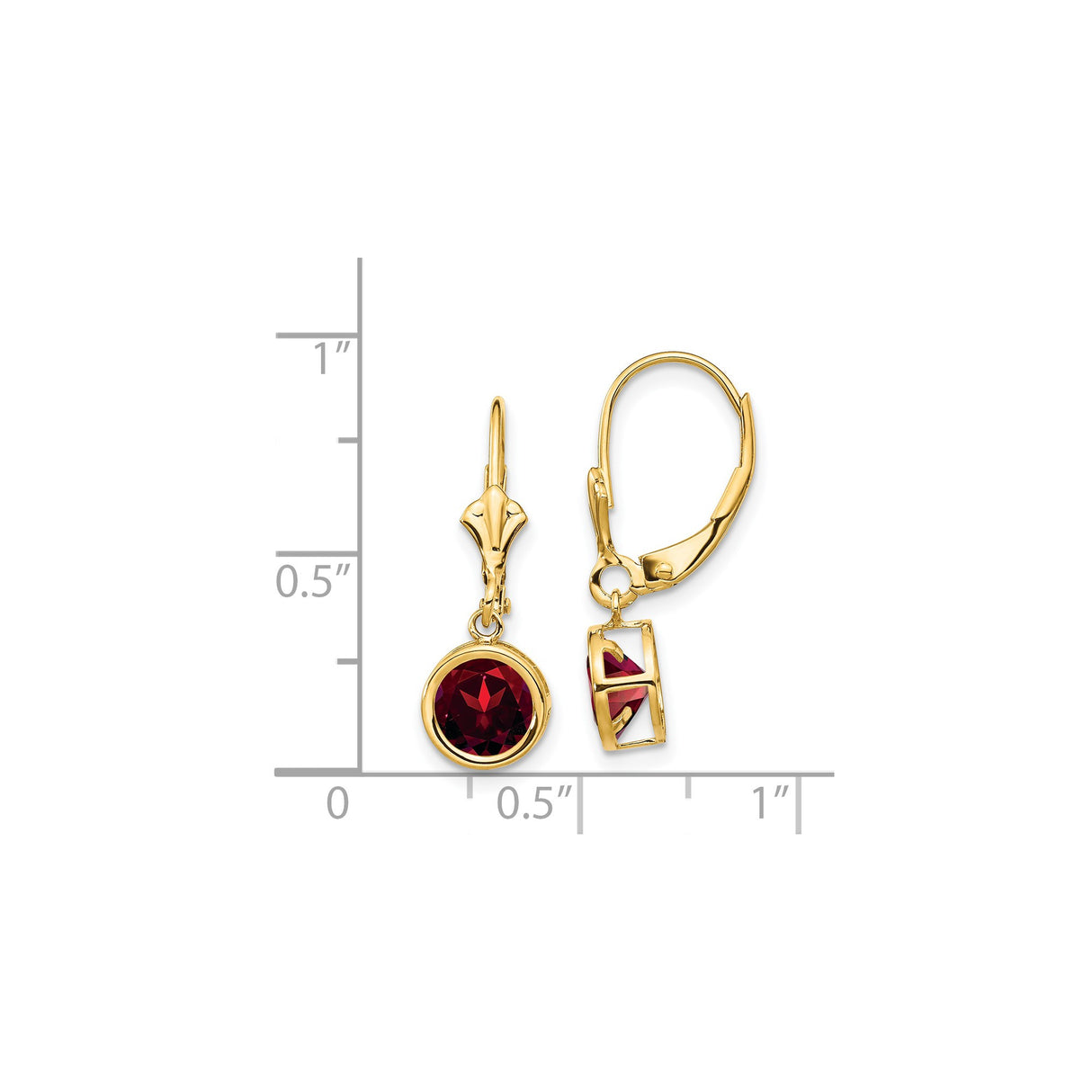 14k Yellow Gold Leverback Earrings with Garnet in Bezel Setting, Classic Dangle Jewelry for Women
