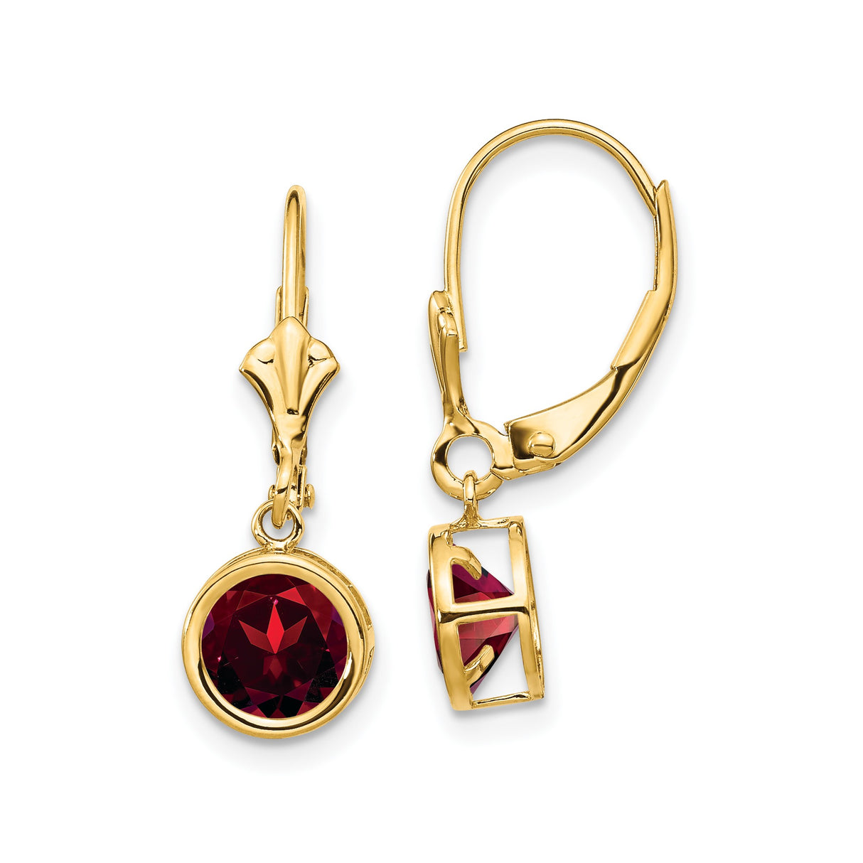 14k Yellow Gold Leverback Earrings with Garnet in Bezel Setting, Classic Dangle Jewelry for Women