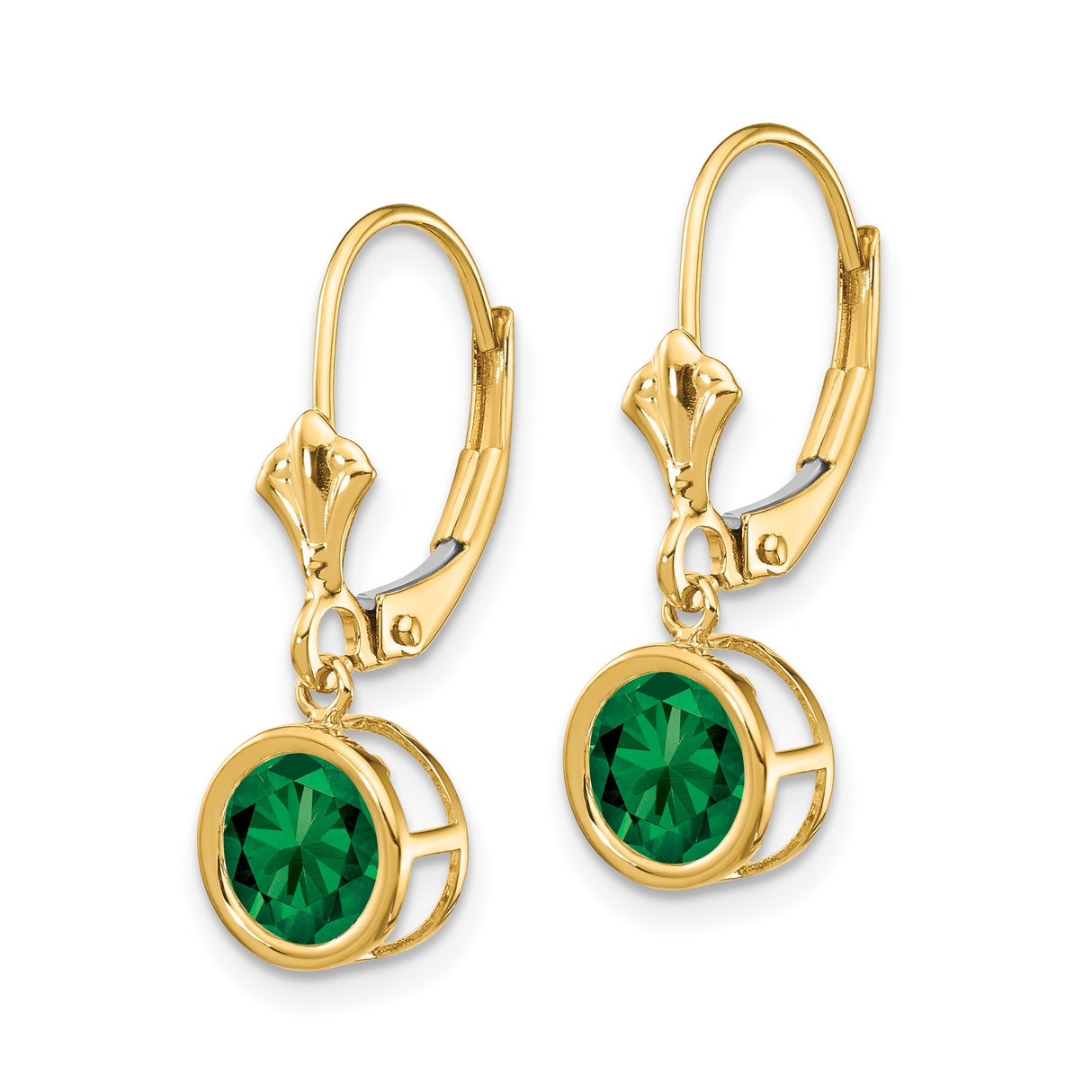 14k Yellow Gold Drop Earrings with Round Green Helenite in Bezel Setting
