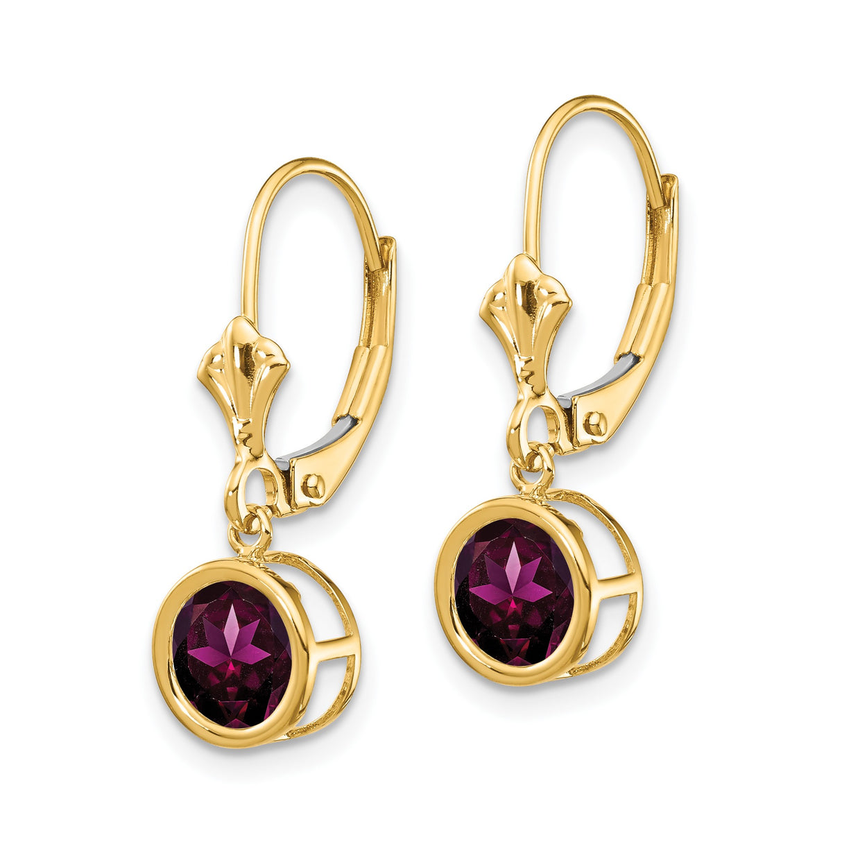 14k Yellow Gold Leverback Earrings with Rhodolite Garnet in Bezel Setting