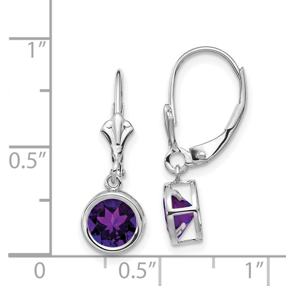 14k White Gold Drop Earrings with Amethyst in Bezel Setting, Leverback Dangle Style