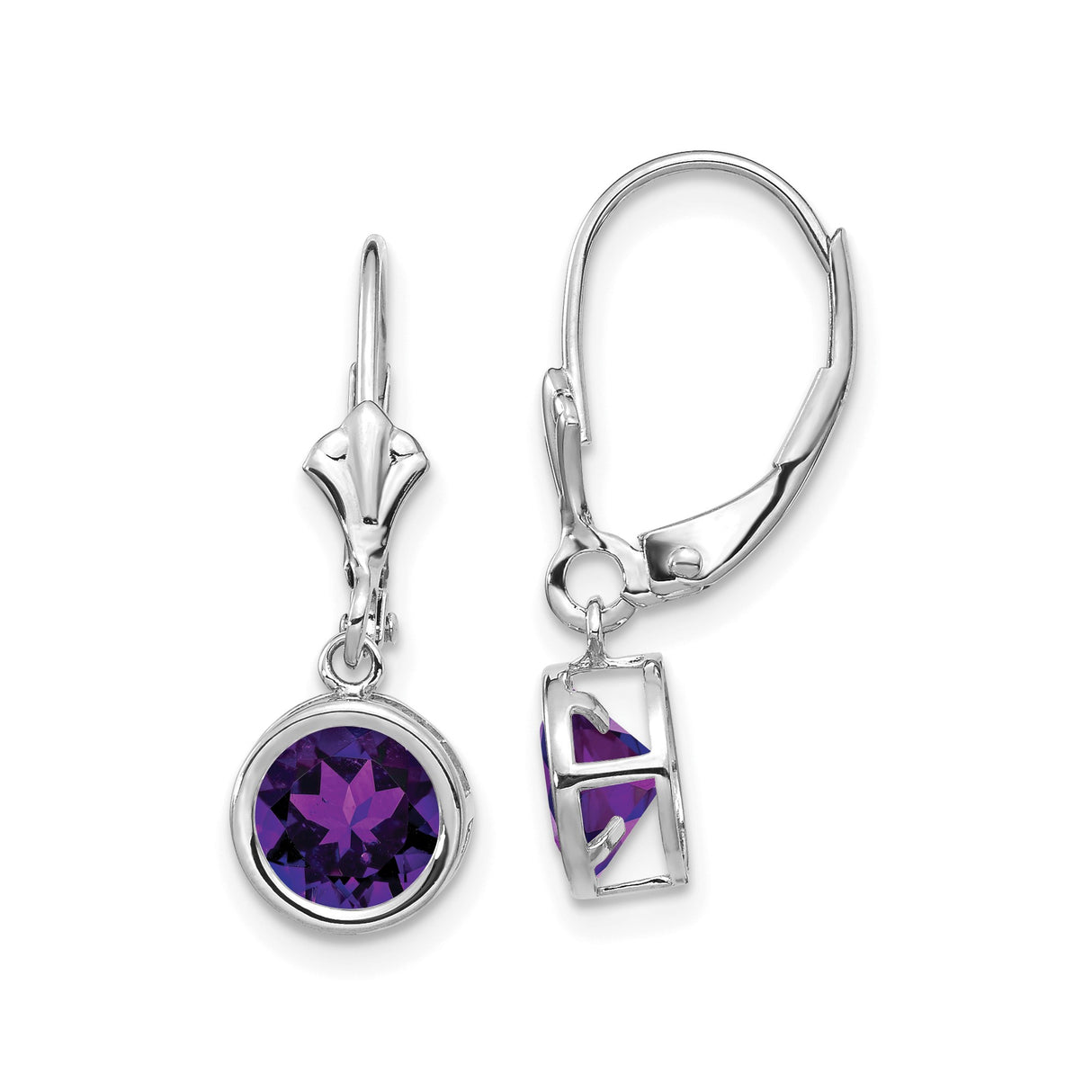 14k White Gold Drop Earrings with Amethyst in Bezel Setting, Leverback Dangle Style