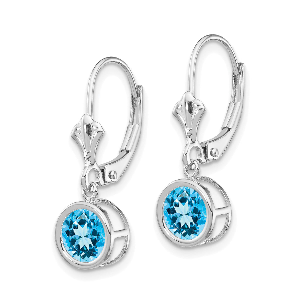 14k White Gold Dangle Earrings with Swiss Blue Topaz, Round Bezel Setting, Leverback Style