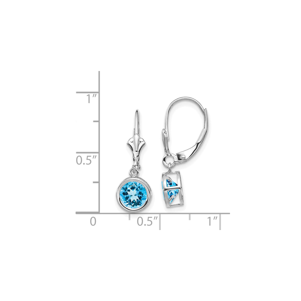 14k White Gold Dangle Earrings with Swiss Blue Topaz, Round Bezel Setting, Leverback Style