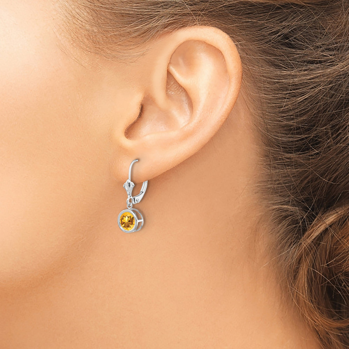 14k White Gold Leverback Earrings with Round Citrine Bezel Setting, Modern Drop Style